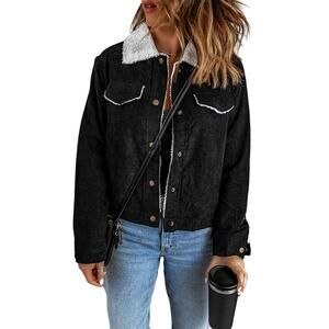Women Corduroy Button Down Jacket Long Sleeve Lapel Fleece Sherpa Black Jacket S